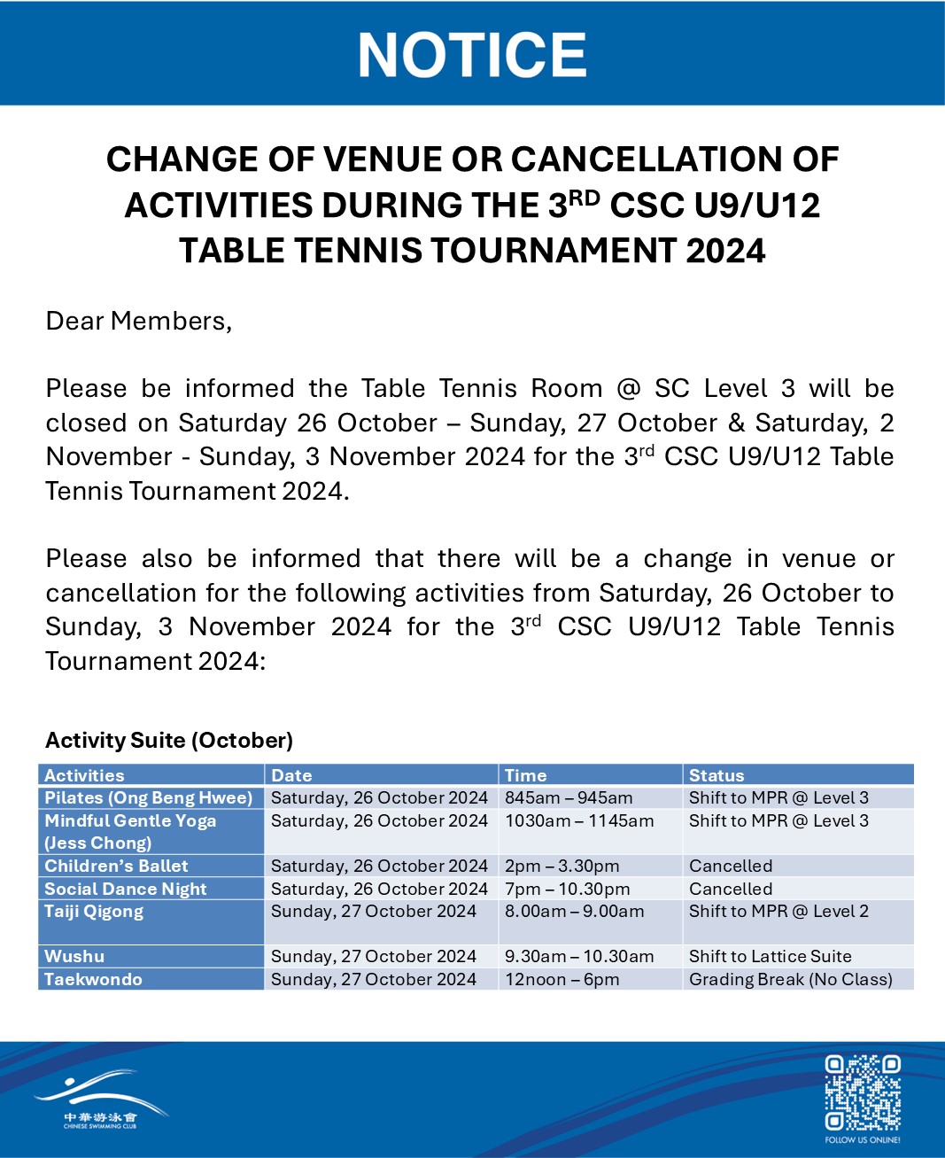 CHANGE OF VENUE OR CANCELLATION OF ACTIVITIES DURING THE 3RD CSC U9/U12