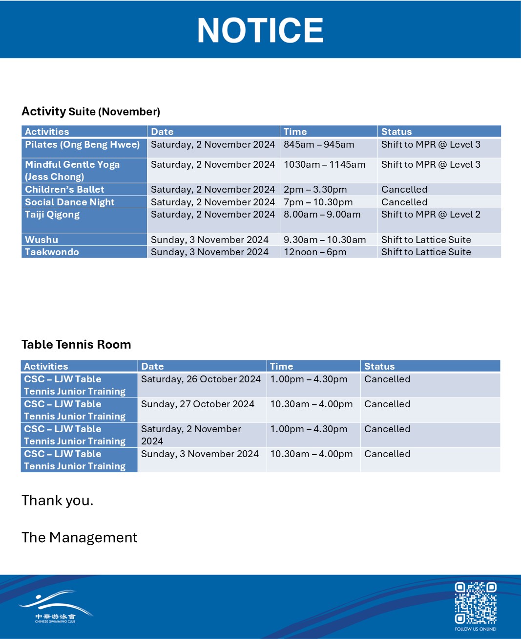 CHANGE OF VENUE OR CANCELLATION OF ACTIVITIES DURING THE 3RD CSC U9/U12